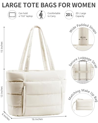 Image of Bagstellar Puffer Tote Bag for Women, Lightweight Puffy Work Handbag Teacher Nurse Quilted Shoulder Bag for School Travel Gym | Cloud Bag w / Zipper