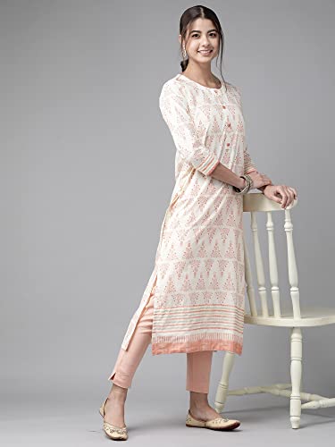 Image of INDO ERA Women's Cotton Straight Fit Floral Printed Calf Length Straight Kurta(KT0OW2452)