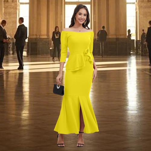 Image of Women's Elegant Formal Mermaid Maxi Dress Off Shoulder Long Sleeve Wedding Split Evening Gown Prom Cocktail Party Dresses