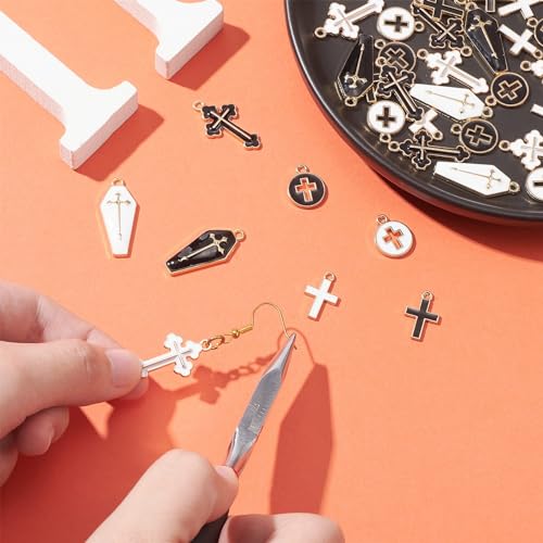 Stiesy 40Pcs 8 Styles Crucifix Charms Pendants Enamel Cross Charms Blck White Cross Dangle Charms for DIY Crafts Jewelry Making Gift - Image 4