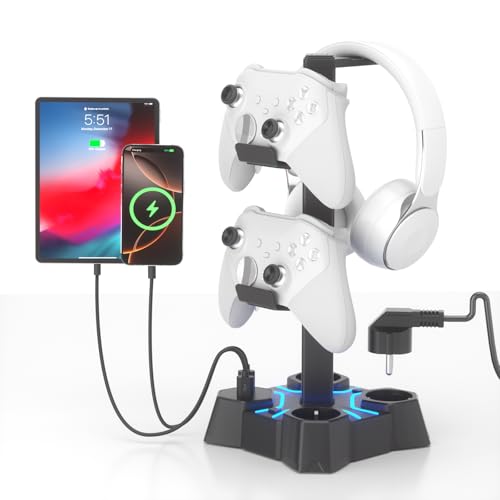 KDD Soporte Auriculares Gaming LED con Cargador USB, Soporte Mando PS5 & Soporte Cascos con 2 Puertos USB & 3 Enchufes UE, Porta Auriculares Mesa y Mando para Escritorio Gamer Accesorios Gaming PC