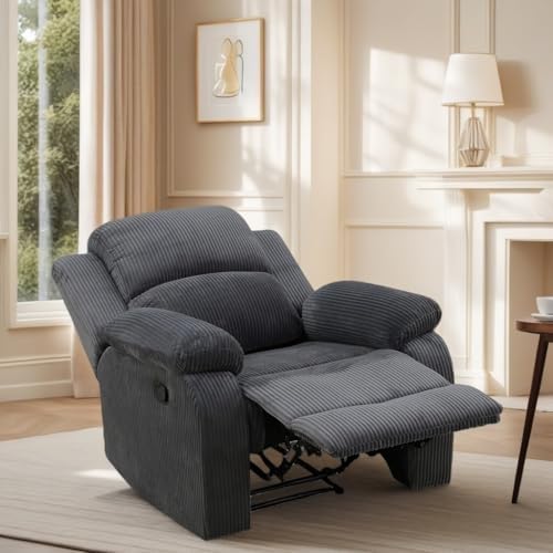 Image of Manual Recliner Chair, Oversized Corduroy Fabric Single Sofa, Grey | Manual Recliner Chair, Single Corduroy Reclining Chair, Breathable Fabric,Adjustable Backrest