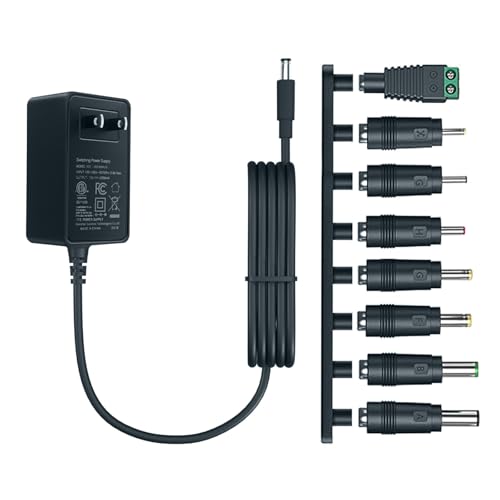 ETL Certified 12V 2A Power Supply AC/DC Adapter with 8 Tips，Replacement 12 Volts 2000mA Charger Cord for LED Strips, CCTV Camera, Router, Speaker, GPS, Webcam DC12V Transformer (6ft)
