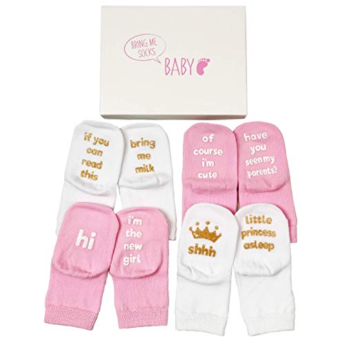Image of Baby Girl Socks Gift Set - Unique Baby Shower or Newborn Gift For Her - 4 Pairs of Cute Quotes in Gift Box