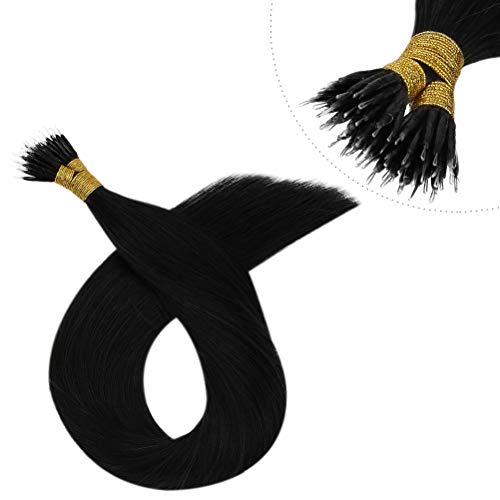 YoungSee 24inch Fusion Nano Rings Hair Extensions Human Hair Extensions Jet Black Pre Bonded Keratin Hair Extensions Human Hair Nano Bead Extension 50grams 50strands