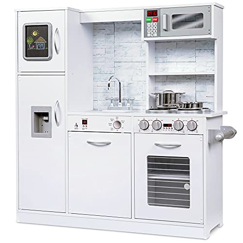 Jumbl Kids Kitchen Set, Pretend Wooden Play Kitchen, Battery Operated Icemaker & Microwave with Realistic Sound, Pots & Pan Included - White