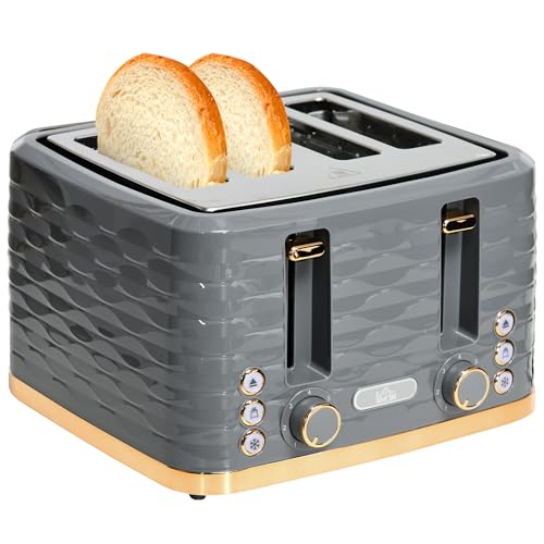 HOMCOM 4 Slice Toaster with 7 Browning Levels, High Lift, Reheat/Defrost/Cancel, Self-centring Function, Removable Crumb Tray, Auto Off, 1600W, Grey Water Ripple Texture