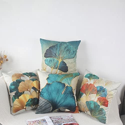 Sweetwill Set of 4 Decorative Cushion Covers 50cm x 50cm Linen Jungle Throw Pillow Cases Gold Teal Farmhouse Natural Cushion Covers 20x20 inches Sofa Cushions Modern Living Room Outdoor Garden