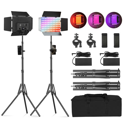 Soonpho 2-Pack Lumière Vidéo LED RGB Panneau avec Porte Grillagée 2500-8500K Dimmable 20W Photographie Studio Light avec 1.6m Trépied Stand et Mobile Phone Holder pour Video Youtube Live