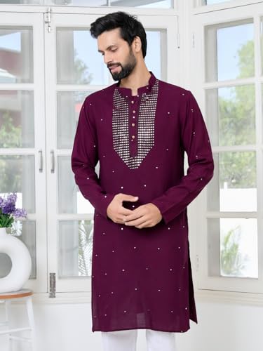 Image of See Designs Men's Full Sleeve Mandarin Collar Sequins Embroidered Chanderi Straight Long Kurta with Yoke Design - Festive Collection