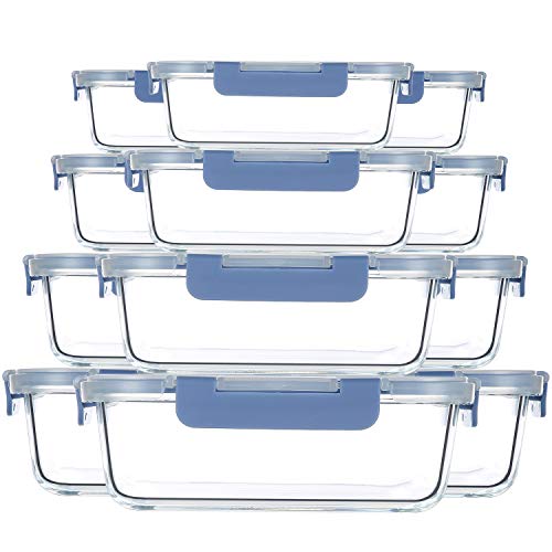 CREST 12PACK glazen voedselbereidingscontainers met deksels, glazen snackopslagcontainers, glazen maaltijdopslagcontainers, luchtdichte lunchcontainers, BPA-vrij en lekvrij, staalblauw
