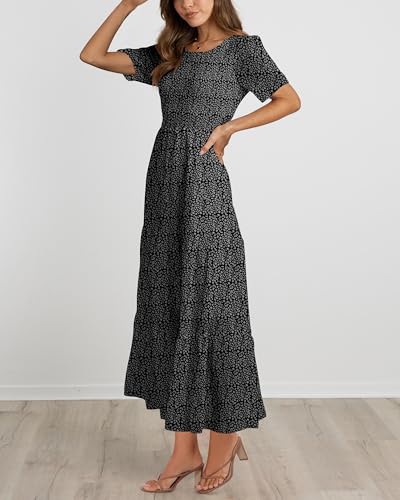 Image of BTFBM Women Casual Short Sleeve Crew Neck Summer Dress Bohemian Floral Printed Flowy Maxi Dresses Tiered Cocktail Dress