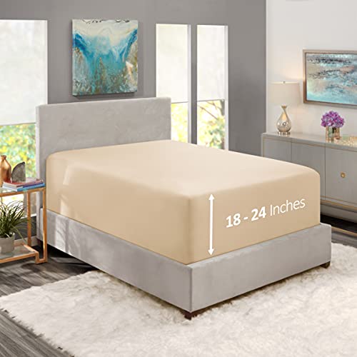 Image of Hearth & Harbor Extra Deep Pocket Queen Fitted Sheet - Fits 18 to 24 Inch Mattress - Ultra Soft 1800 Microfiber, Wrinkle-Free & Breathable - Hotel Luxury Fitted Sheet Only, Beige