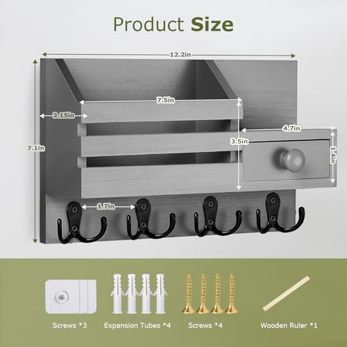 Image of Key Holder Wall Mount, Wooden Adhesive Mail and Key Organizer with Drawer, Small Shelf, 8 Hooks, 2 Installation Methods, Gray