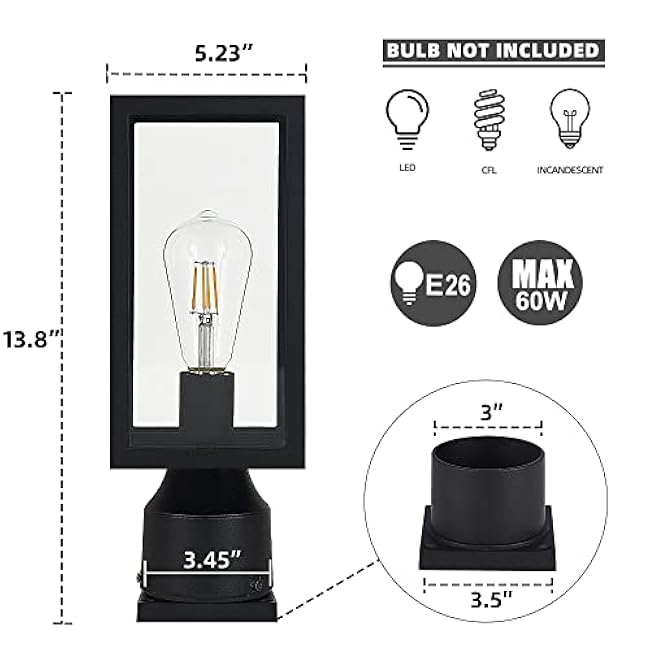 Outdoor Post Light,Waterproof Cast Aluminium Lamp Post Light Fixture,Post Lantern with Pier Mount Base,Matte Black,13.8'',Suitable for Garden,Yard or Driveway,etc