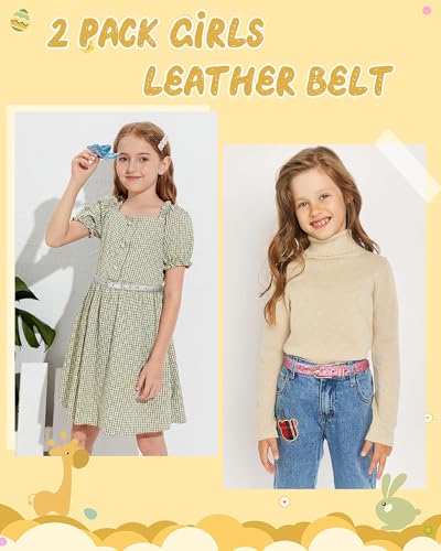 AWAYTR Kids Leather Belts for Girls - 2 Pack Toddler Girls Skinny Leather Belts for Jeans with Gold Buckle2