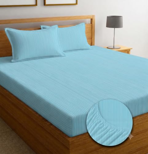 Image of Satin Striped Glace Cottonelastic Fitted bedsheets Double Bed with 2 Pillow Cover| 72 x 78 Inch | Fits Up to 10 Inch | Soft & Smooth Hotel Collection | Breathable, Fade Resistant