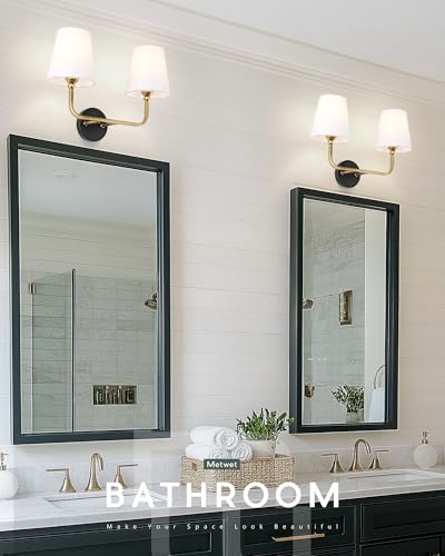 Image of 2-Light Bathroom Light Fixtures, Black and Gold Vanity Lights, Double Wall Sconce with Flared White Fabric Shade, Modern Sconces Wall Lighting for Hallway Bedroom Stairway, VL837-KG-2
