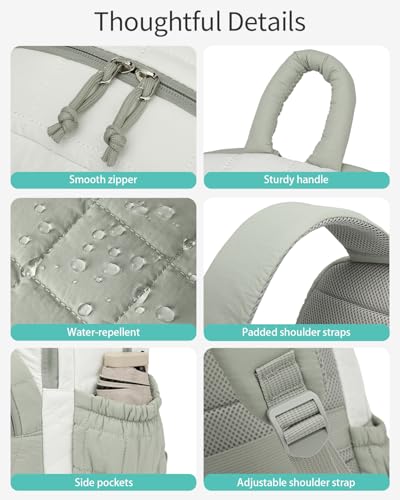 Image of Bookbag for Women, Teen Girls Backpack for High School College Student, Puffer Quilted Back Pack Cute Laptop Backpack for Work Travel Mom Casual Daypack, Beige Green