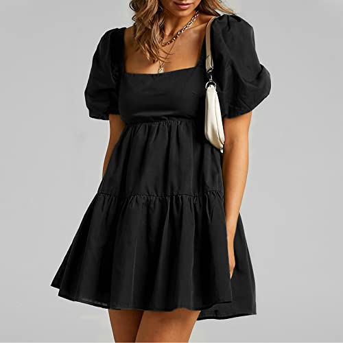Shy Velvet Women's Casual Party Mini Dress Square Neck Short Bubble Sleeve A-Line Loose Dresses Black #TOP2