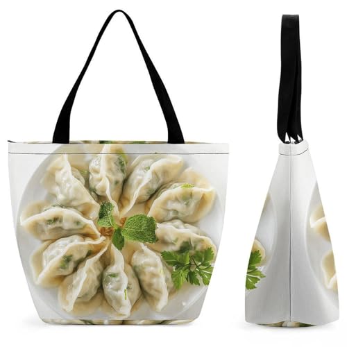 Women Tote Bags with Handles A Plate of Dumplings Shoulder Bag with Zipper Handbags Shopping Bags Travel Bag Beach Bag Reusable Grocery Bag for Swim Holiday Gift