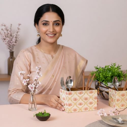 Image of Wooden Cutlery Stand with 2 Sections - Spoon Stand for Kitchen & Dining Table Organizer (10x16x12 cm) - White Flower Print | Multipurpose cutlery holder for dining table, Chammach Stand