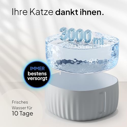 PrettyPaw Katzenbrunnen - Super leiser, BPA-freier 3L Trinkbrunnen für Katze mit LED und Aktivkohlefilter - Leicht zu reinigender Katzen Trinkbrunnen - Aqua Flow (Grau)