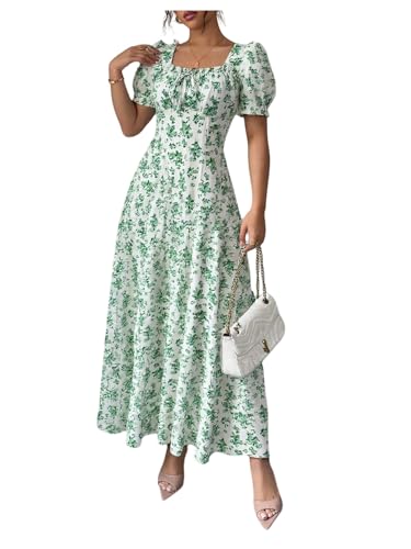 Image of Floerns Women's Floral Short Puff Sleeve Milkmaid Dress Boho A Line Long Dresses