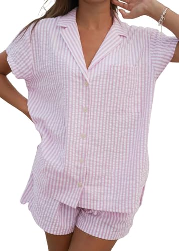 Womens Striped Pajama Set Cute Heart Pjs Sleepwear Short Sleeve Shirt and Shorts Set