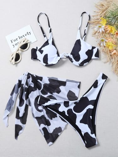 Spevert Women's Bikini Set 3 Piece Cow Print Swimsuits High Waisted Adjustable Straps Push Up Bathing Suit with Beach Cover4