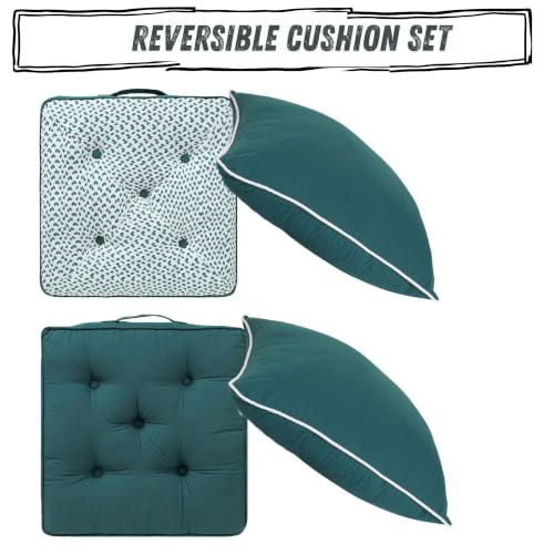 Image of Peacock Woven Quilted Floor Cushion Set 60x60x10 CM with Fillers & Back Cushion, Large Size for Seating, Patio Seat, Meditation, Yoga, Pooja, Guests, Living Size 24x24x4 Inch