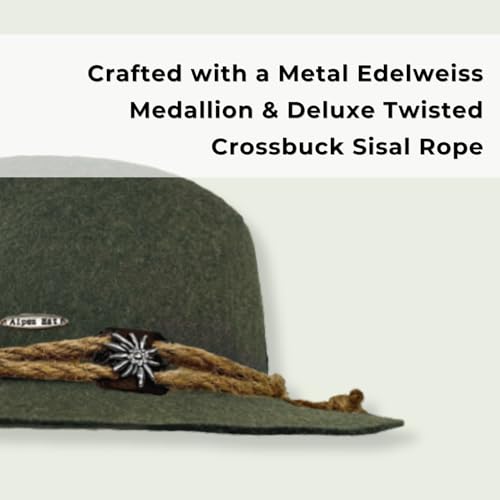 Image of German Oktoberfest Hat - 100% Wool Alpine Tyrolean Fedora with Edelweiss Pin & Rope - Charcoal Bavarian Hat for Men & Women