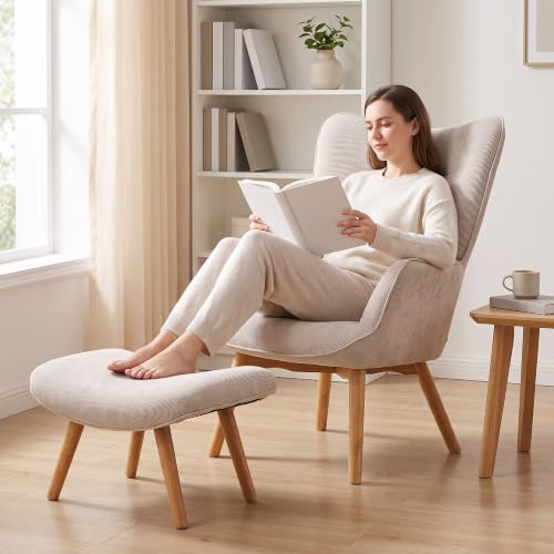 HOMCOM Ohrensessel mit Hocker Sessel mit Cordoptik für Wohnzimmer Beige