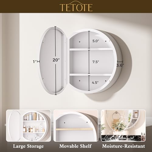 Image of TETOTE 20 x 20 Inch Medicine Cabinet Mirror White Framed Round Mirrored Medicine Cabinets for Bathroom Adjustable Shelves Modern Bathroom Mirror with Storage Wall Mounted