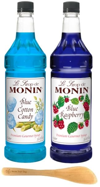 Monin Premium Gourmet Jarabe de algodón de azúcar azul y frambuesa azul, 33.8 onzas (paquete de 2)  con agitador Make Your Day