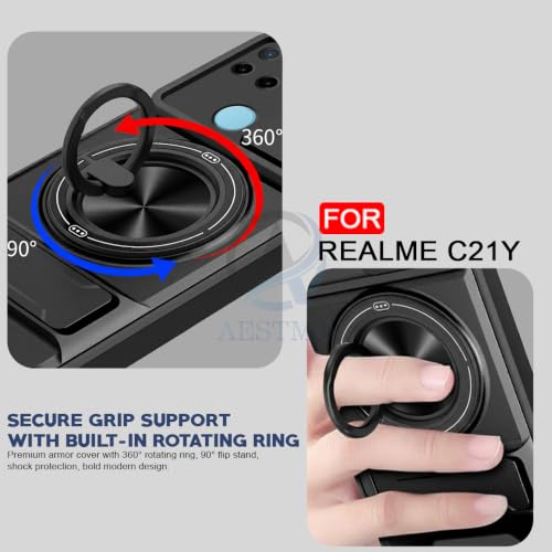 Image of AESTMO Realme C21Y Back Cover | Armor Camera Slider 360 Degree Rotating Finger Ring Holder Case with Bracket Stand Back Case Cover (Compatible with MagSafe Accessories) (Black)