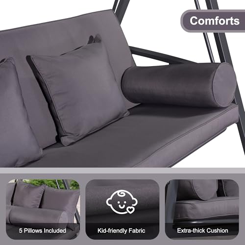 Image of PURPLE LEAF Outdoor Patio Porch Swing Adjustable Backrest with Canopy 3-Seat Convertible Swing Bed Chair with Stand Heavy Duty for Adults, Backyard Porch Lawn, Cushion and Pillows Included Grey