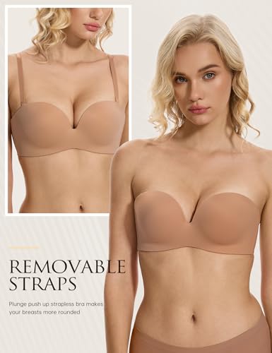 Image of Wingslove Strapless Bra Push Up for Women Underwire Half Backless Bra with Removable Straps Seamless Padded Support