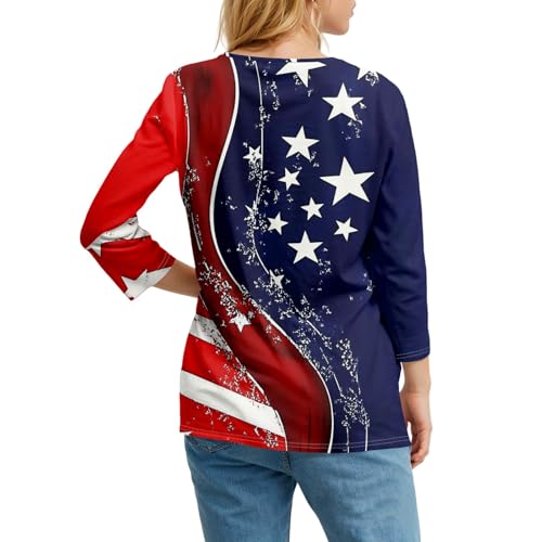 Image of 4th of July Shirts Women 3 /4 Length Sleeve Womens Tops Henley Neck Casual Patriotic T Shirts