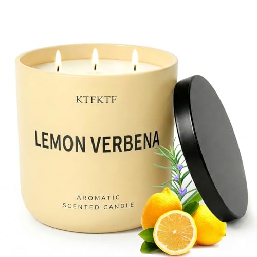 KTFKTF Lemon Verbena Candle 14.1oz Large 3-Wick Soy Wax Candle Up to 80 Hours Burn Time Non-Toxic Aromatherapy Jar Candle with Essential Oils Citrus Scented Candle for Home
