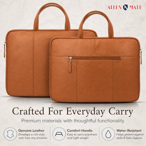 Image of ALLEN & MATE 100% Leather Laptop Case 13 Inch Laptop Sleeve fits MacBook Neo /Air /Pro 13 Inch with M5 /M4 /M3 /M2 /M1, Dell, HP, Lenovo, Chromebook 11-13 inch Computer Bag Zip Pocket - Tan
