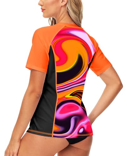 Image of AOBUTE Women Zip Rash Guard UPF 50+ Gradient Short Sleeve Swim Top Surf Shirts