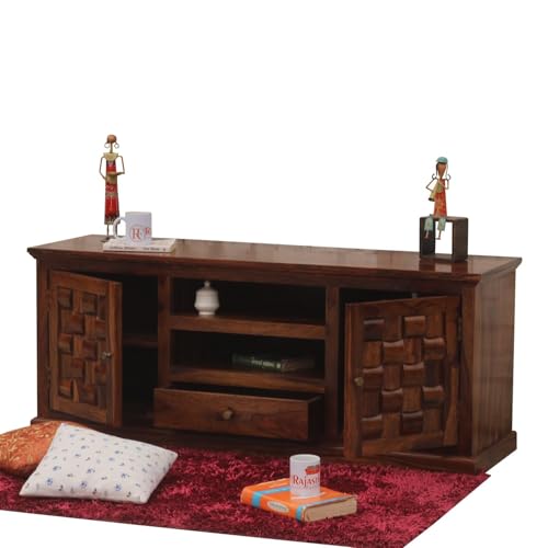Image of Solid Wood TV Unit for Living Room 55 Inch Furniture - Wooden TV Unit with Storage Cabinet with 1 Drawr, 6 Shelves Wooden TV Cabinet for Living Room - Fits up to 55-Inch TV (Nathan)
