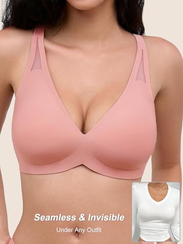 Wireless Jelly Bras for Women - Deep V No Underwire Bralette with Support - Seamless Comfortable Lightly Padded T-Shirt Bra