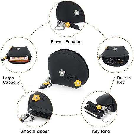 Conisy Cute Coin Purse for Womens and Girls with Key Ring, Small Leather Wallet Zip Packet (Black)