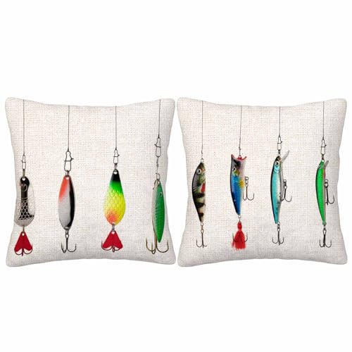 GSRONY Fishing Throw Pillow Covers Set of 2,Various Fishing Baits Hobby Leisure Sports Hooks Decorative Pillow Case Home/Car Decor 18X18 Inches Two Pillowcases