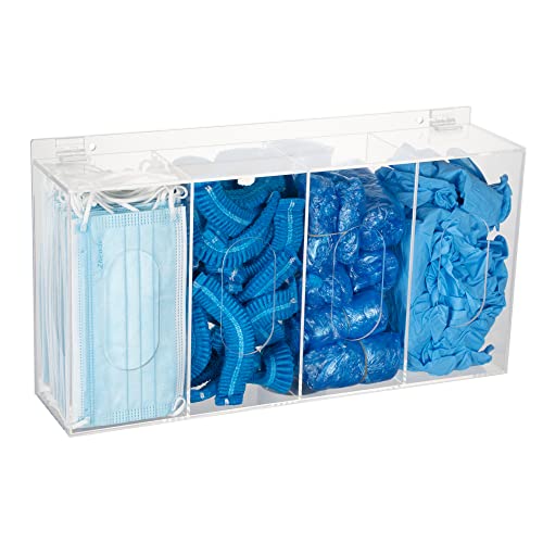 KOEMEHR Dispensador de cubierta de rejilla y zapatos Máscara desechable Almacenamiento de acrílico 4 contenedores Soporte de caja de guantes de plástico Soporte para montaje en pared Herramienta