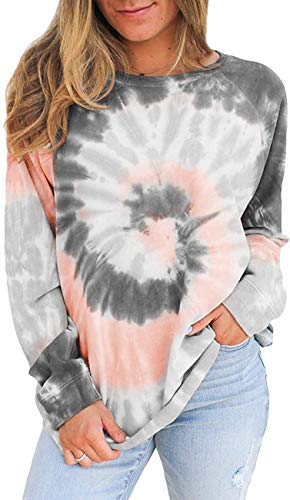 Womens Tie Dye Print Long Sleeve Sweatshirt Casual Crewneck Loose Pullover Tops Shirts Blouse (Medium, Grey)