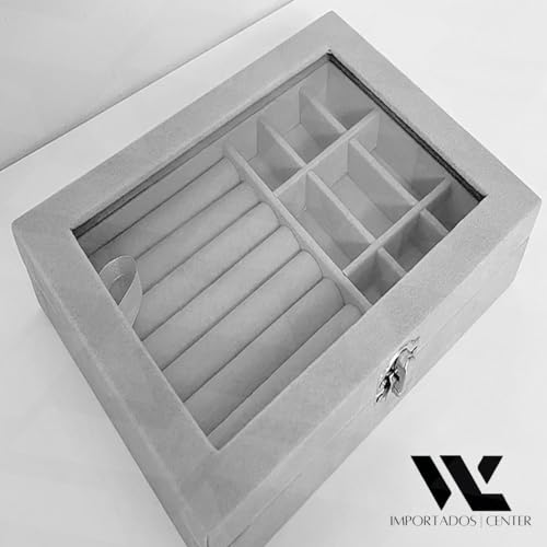 Organizador De Jóias Em Veludo Visor Vidro Porta Brinco Anel Colar Porta-Jóais (CINZA)