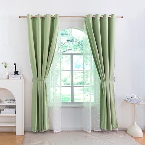 Image of Green Room Darkening Curtain for Girls Nursery Bedroom 52x54 Inch | 80% Blackout Double Layer Curtains with Pom Pom Sheer Overlay, Grommet Privacy Drapes for Toddler Bedroom Decor, 2 Panels